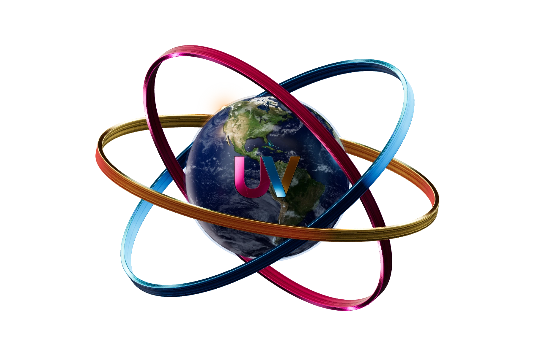 UpperVision’s UV emblem over Earth, framed by magenta, blue and gold metallic rings