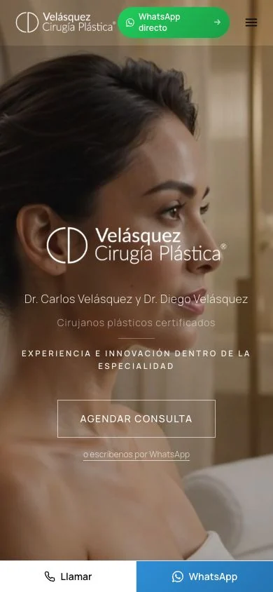 Velásquez Plastic Surgery mobile homepage with consultation and WhatsApp options