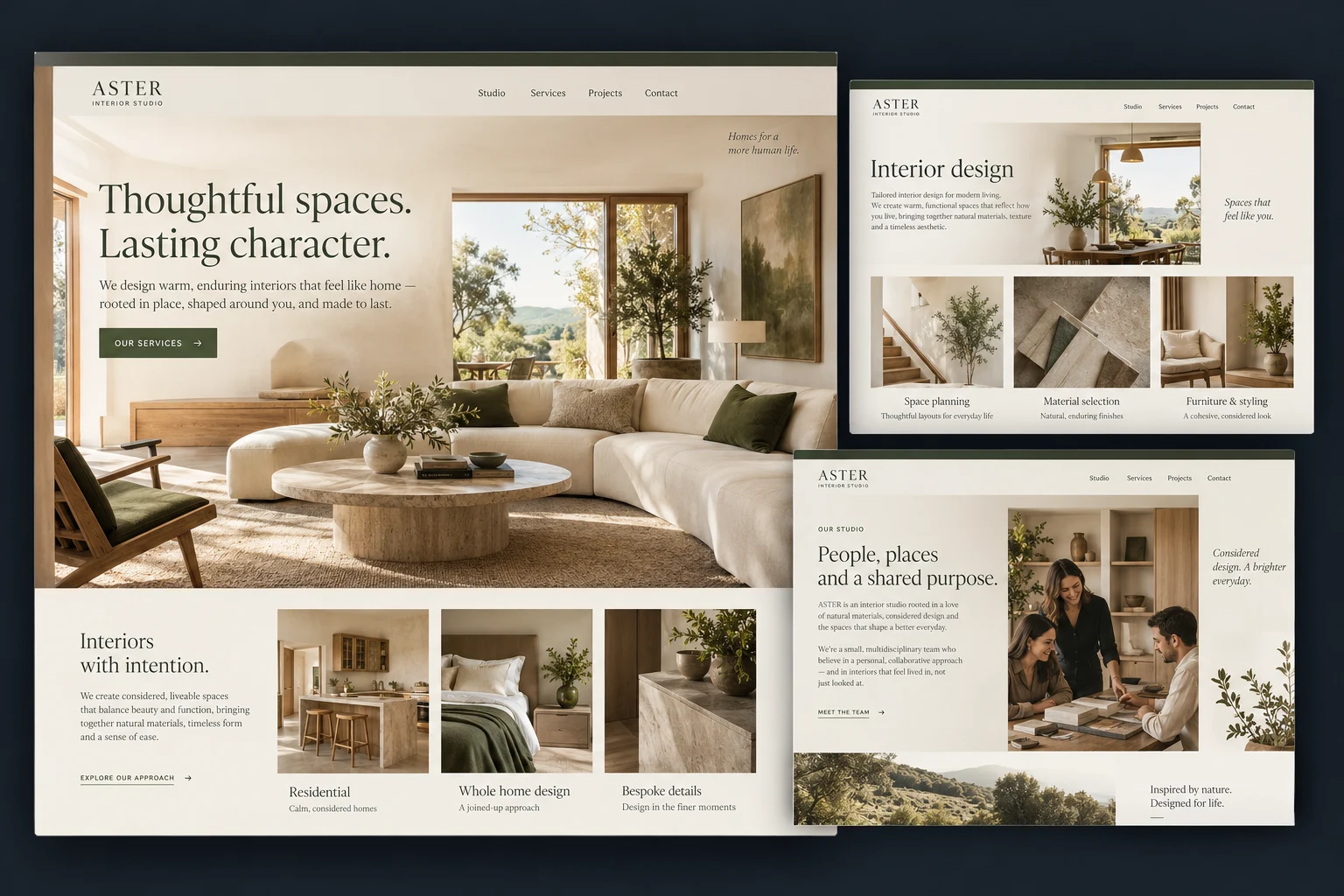 Ejemplo ilustrativo del sitio Aster con inicio, una página de servicios de diseño de interiores y una página del estudio.